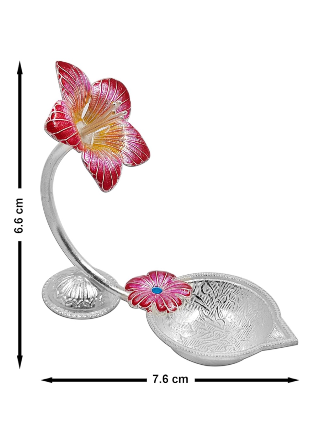 Pure Silver Antique Diya with Red Colour Enamel & Hibiscus Flower Shape Design