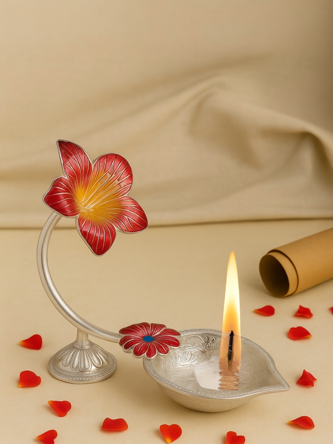 Pure Silver Antique Diya with Red Colour Enamel & Hibiscus Flower Shape Design