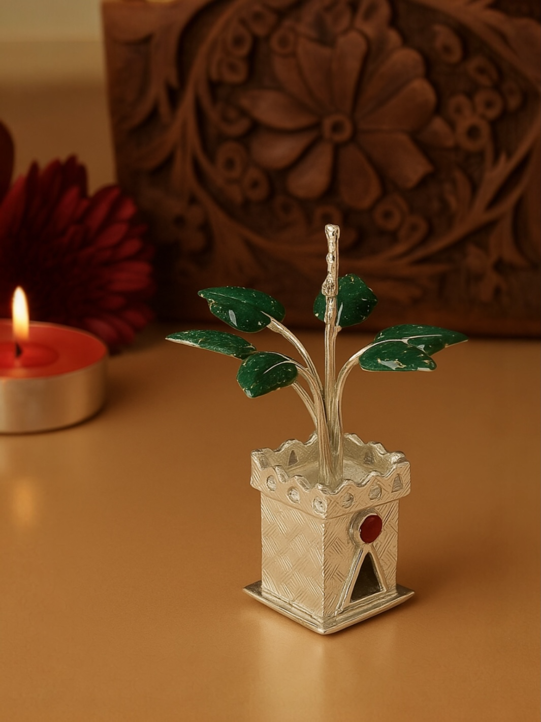 Pure Silver Antique Mini Tulsi Plant/Basil Rosary Plant