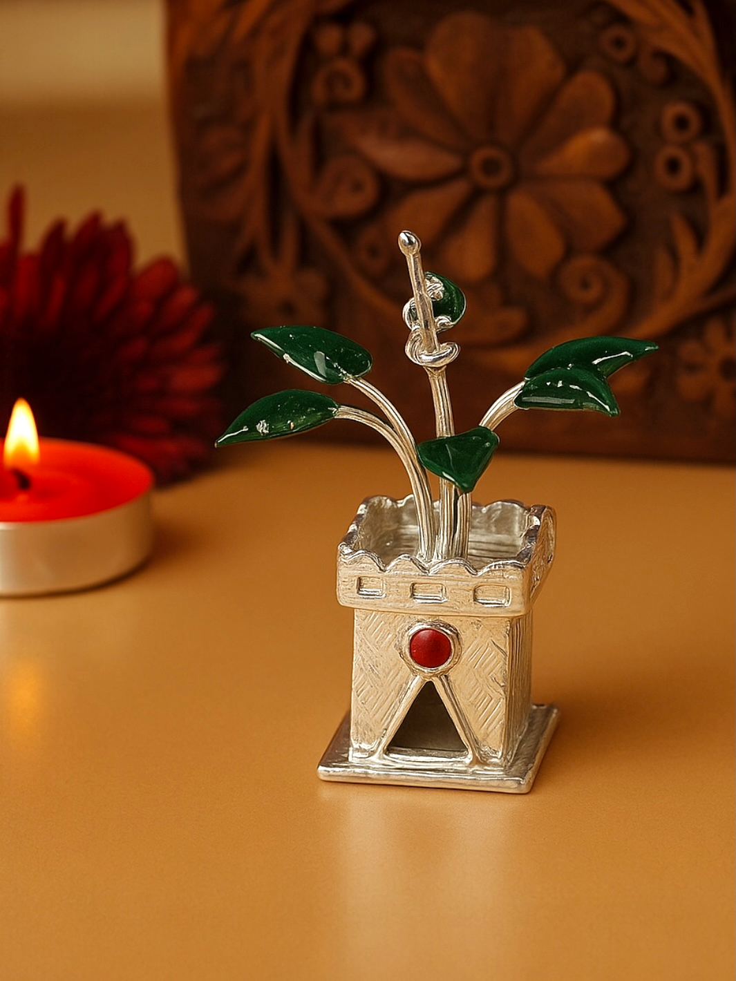 Pure Silver Antique Mini Tulsi Plant/Basil Rosary Plant