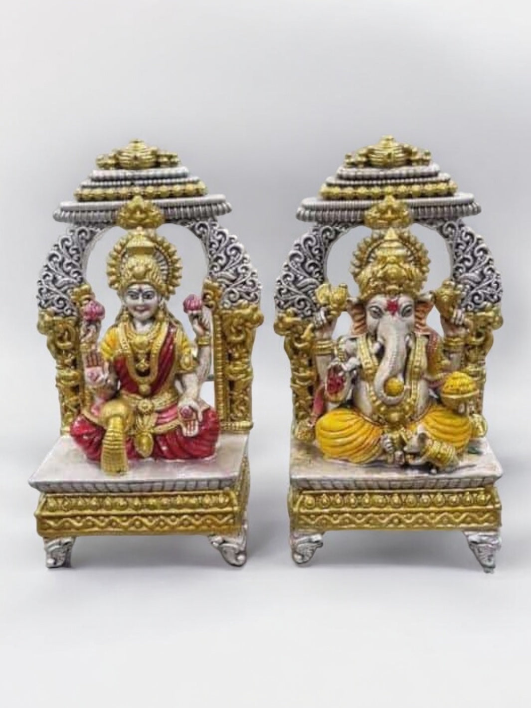 Pure Silver Enamel Laxmiji Ganeshji Idol