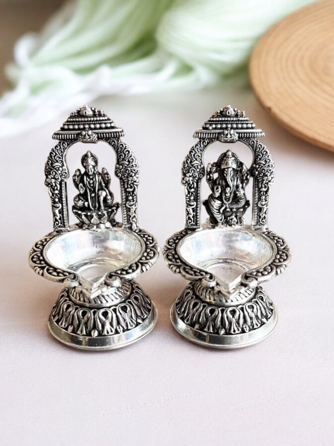 Pure Silver Lakshmi Ganesha Silver Deepam Pair