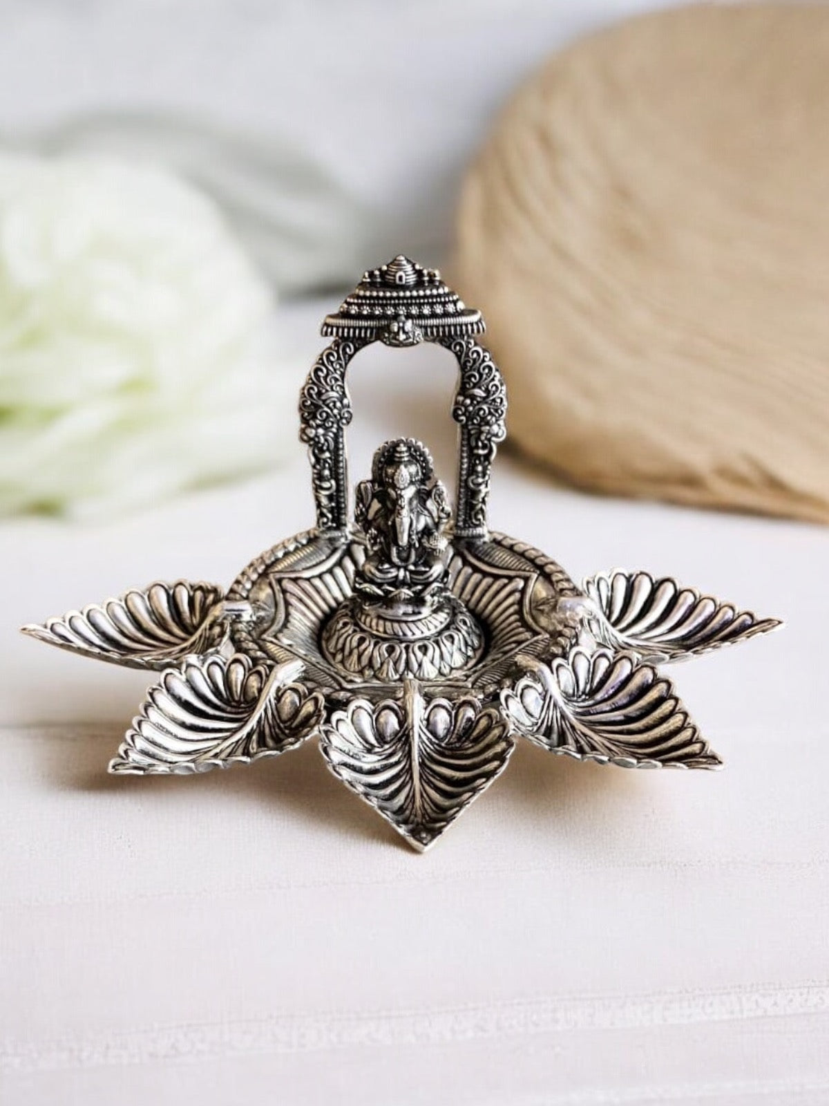 Pure Silver Ganesha Leaves Deepam