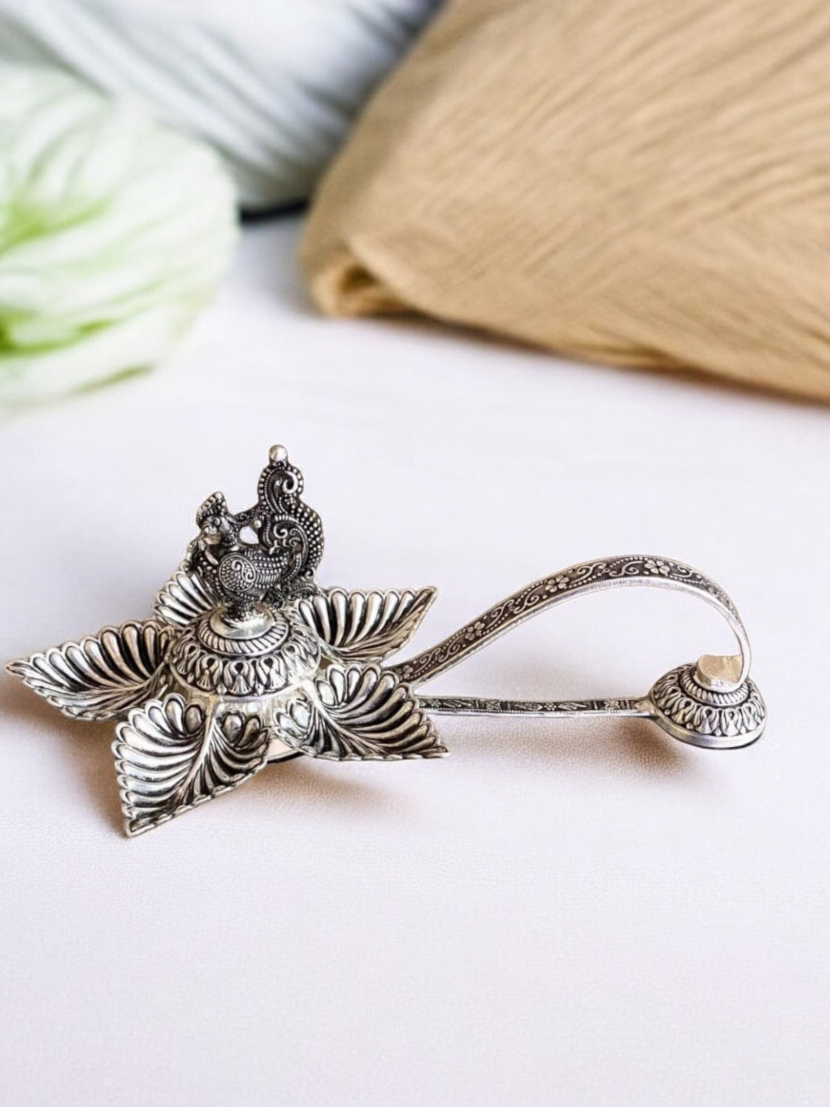 Silver Peacock Panchmukhi Deepam