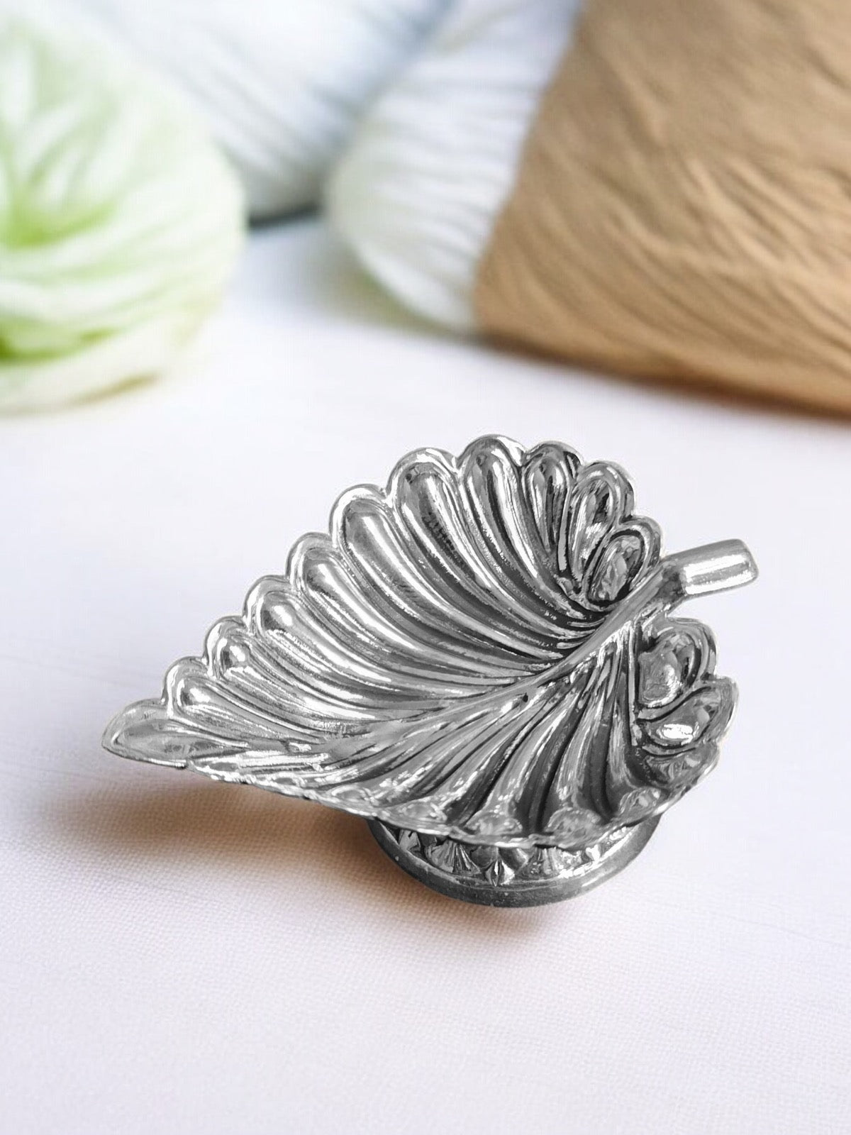 Pure Silver Carved Silver Leaf Deepam