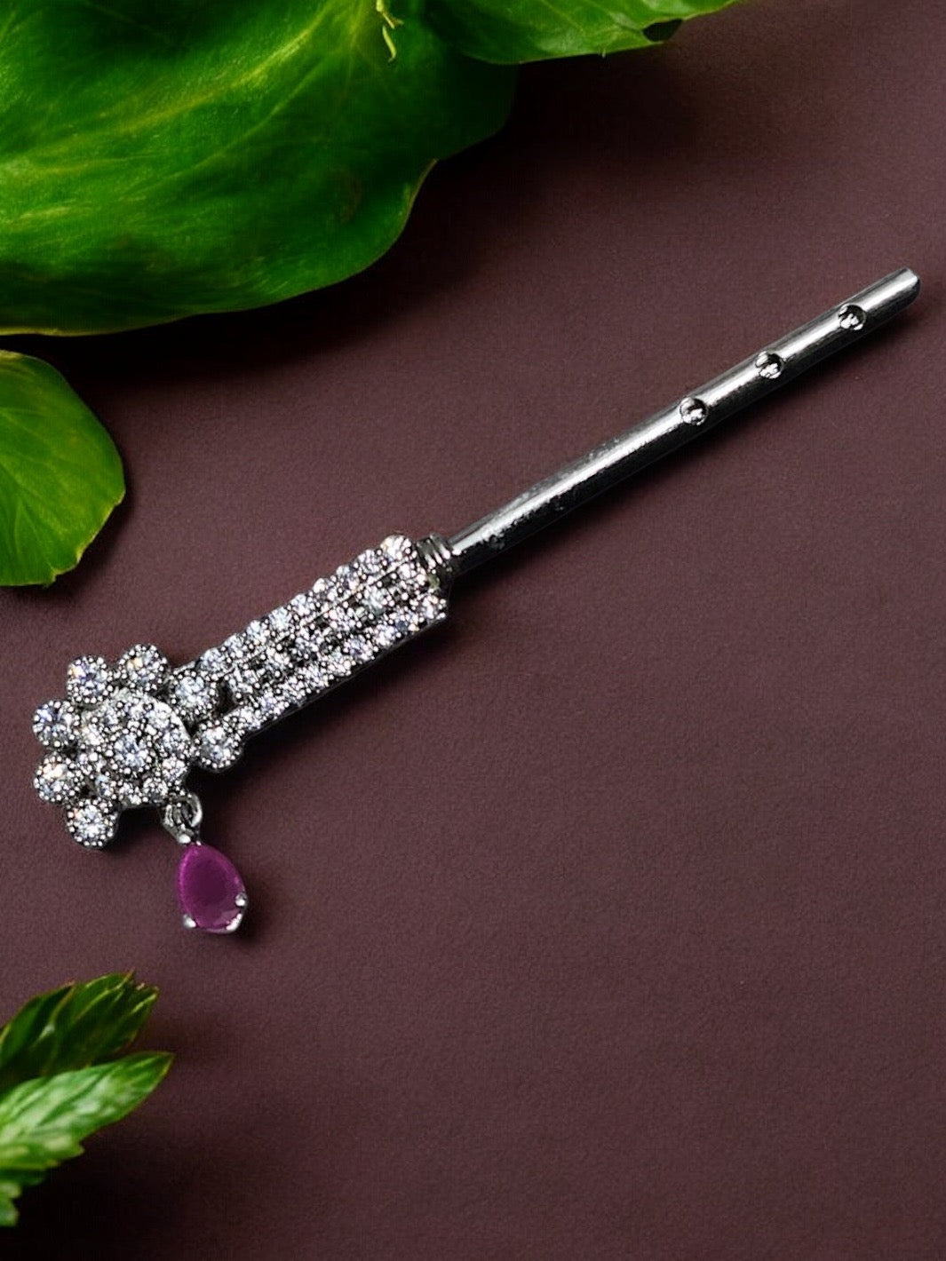 Pure Silver Handmade Emerald and Ruby Flower Flute