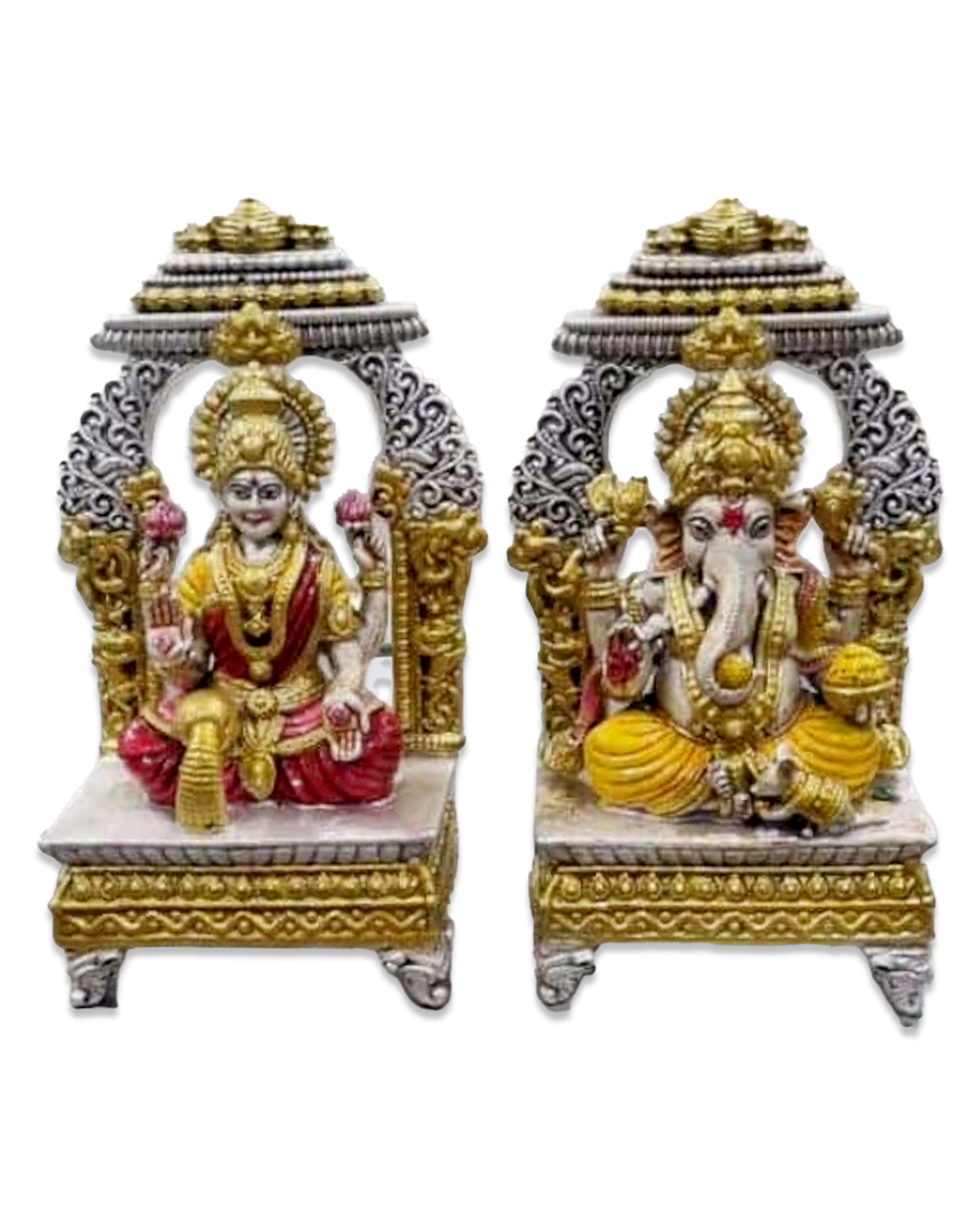 Pure Silver Enamel Laxmiji Ganeshji Idol